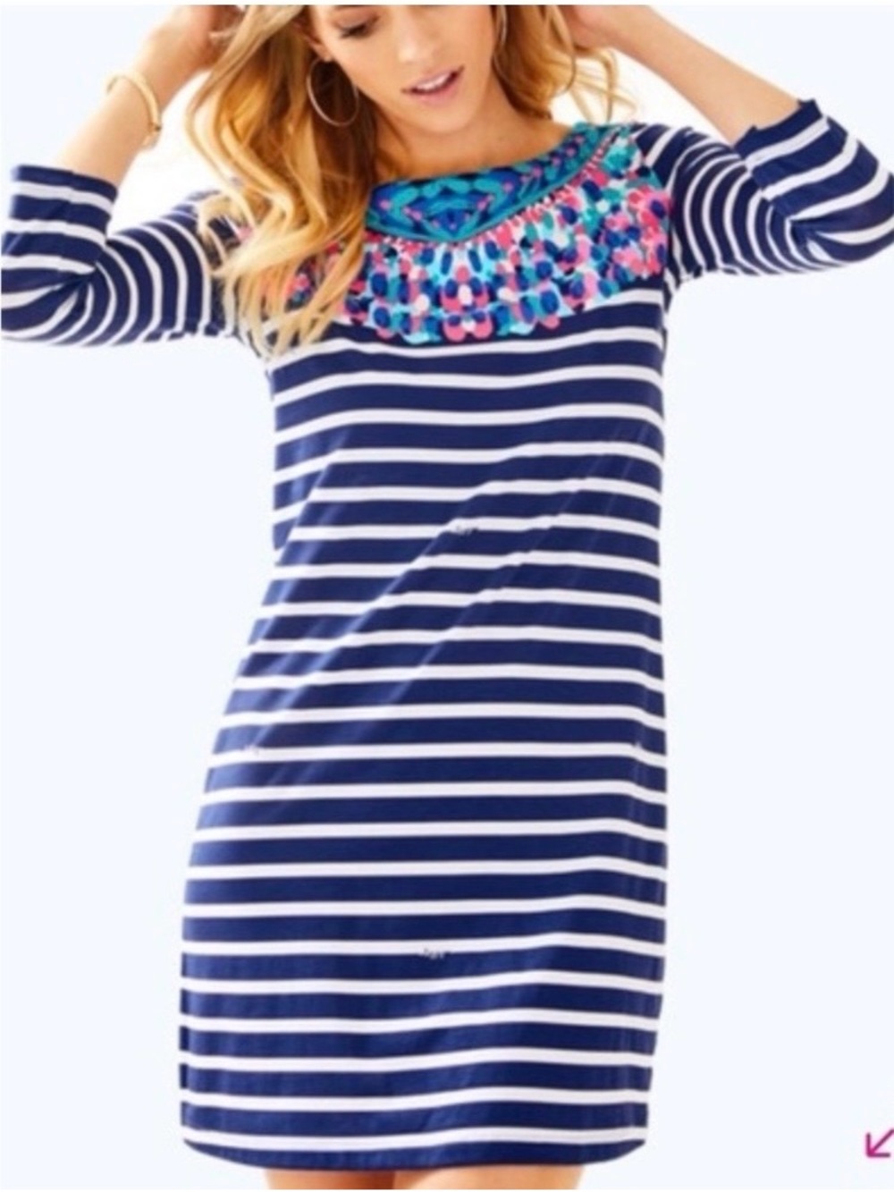 Lilly Pulitzer Navy & White Striped Dress with Colorful Embroidered Yoke